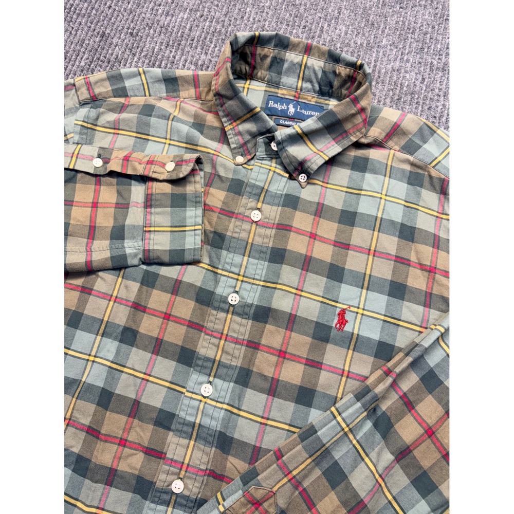 Ralph Lauren Classic Fit Plaid Button Down Shirt Mens Large Green Multi Color